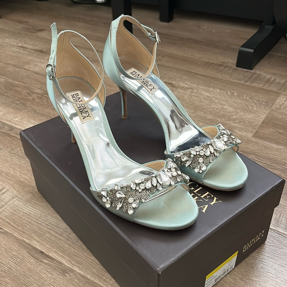 Badgley Mischka Geranium Embellished Sandal High Heels Light Blue Satin